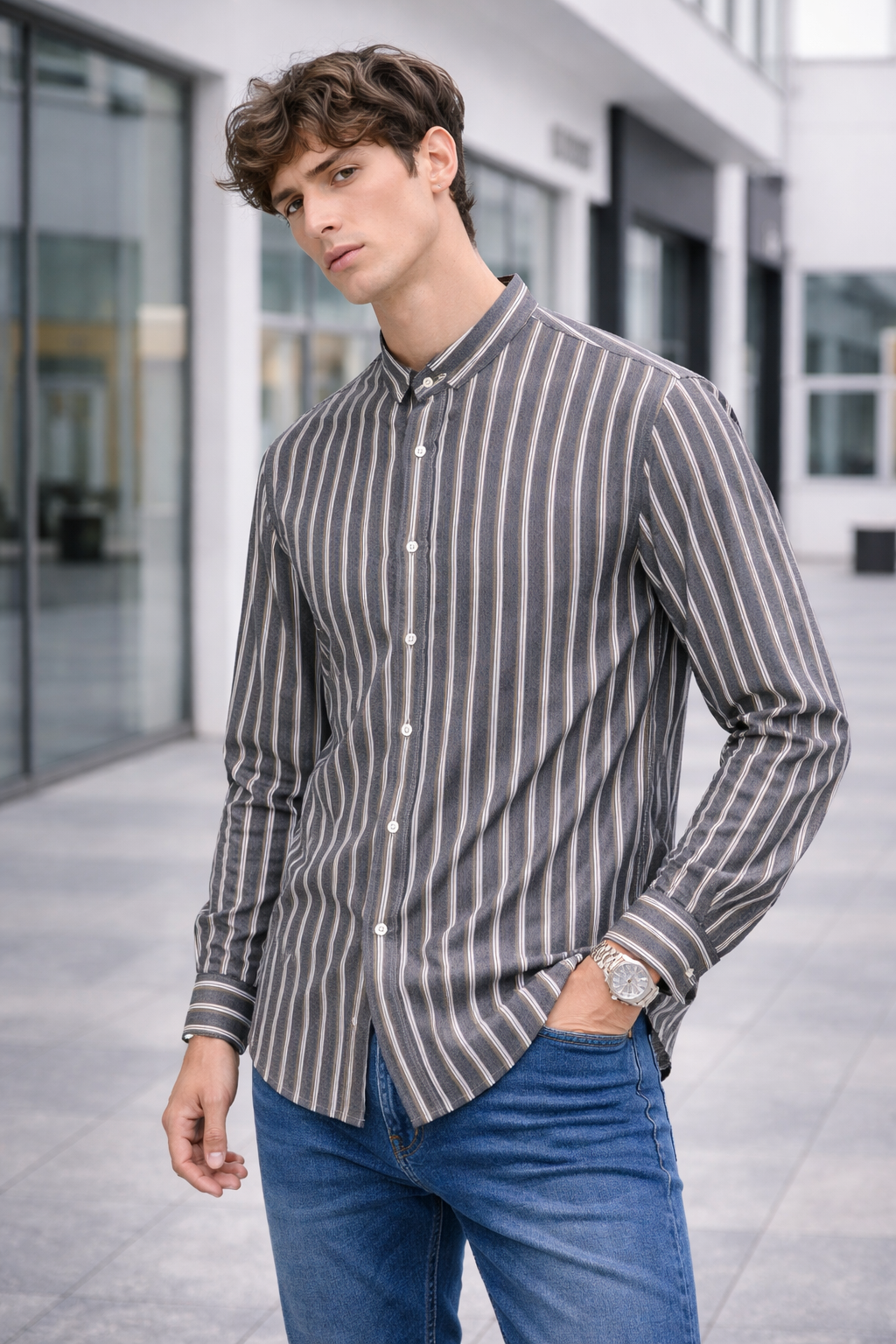Chemise homme rayée bleu & beige