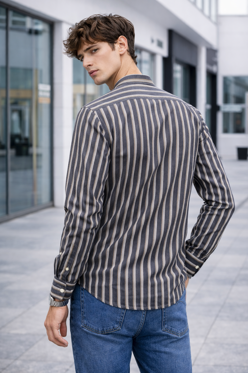 Chemise homme rayée bleu & beige