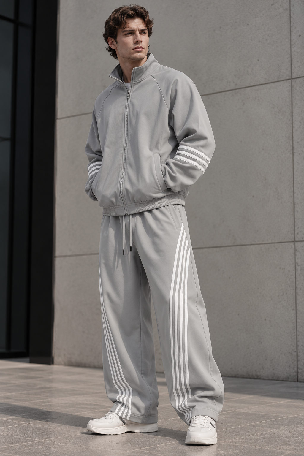 Ensemble homme gris à bandes contrastées