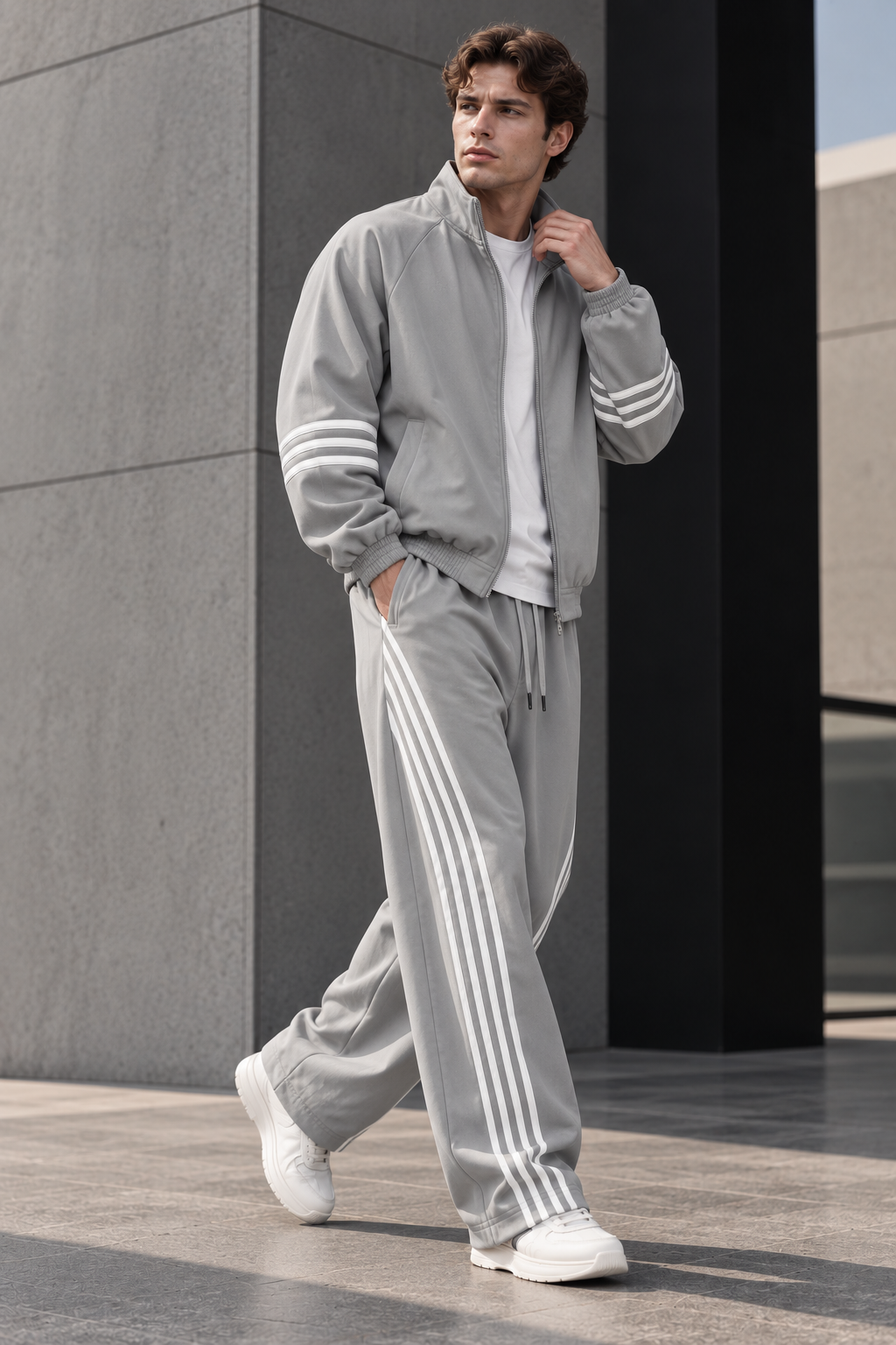 Ensemble homme gris à bandes contrastées