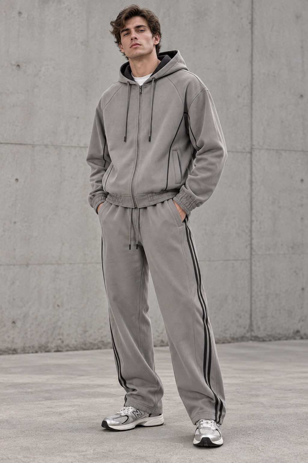 Ensemble homme gris à capuche et liserés contrastés