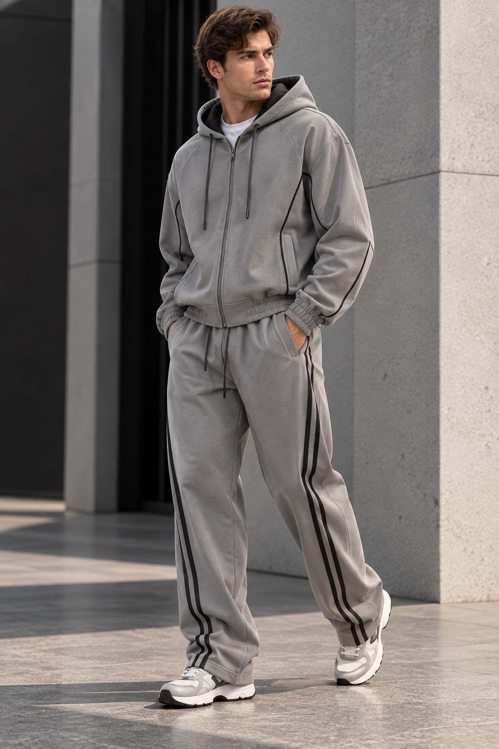 Ensemble homme gris à capuche et liserés contrastés