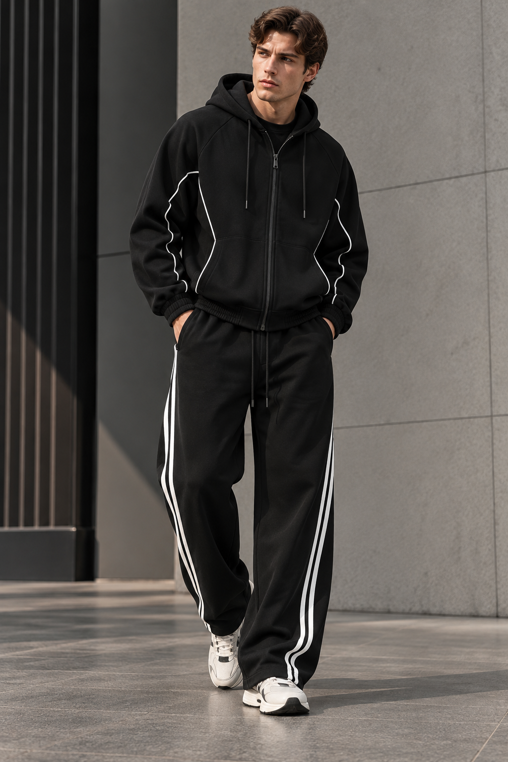 Ensemble homme noir à capuche et liserés contrastés