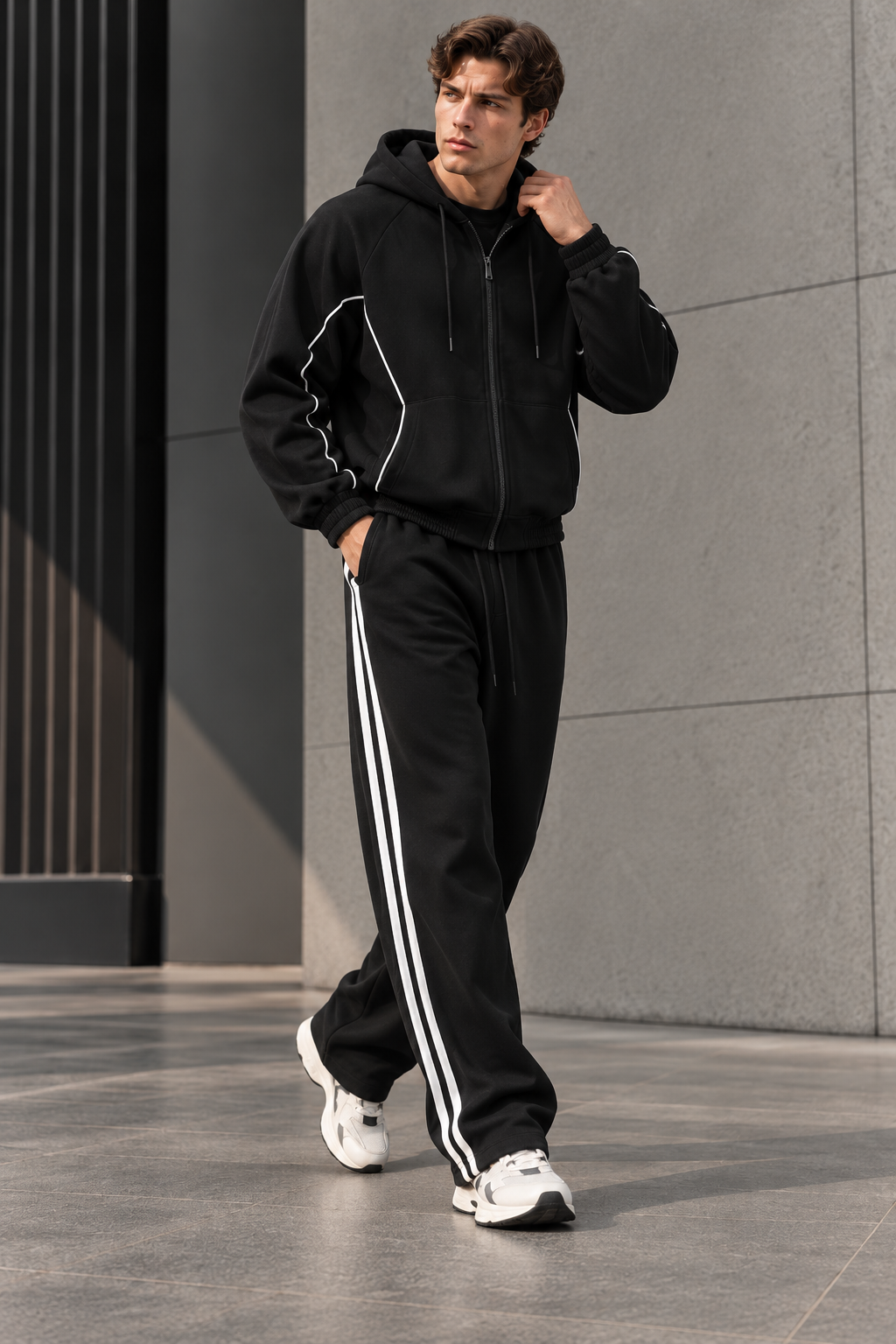 Ensemble homme noir à capuche et liserés contrastés
