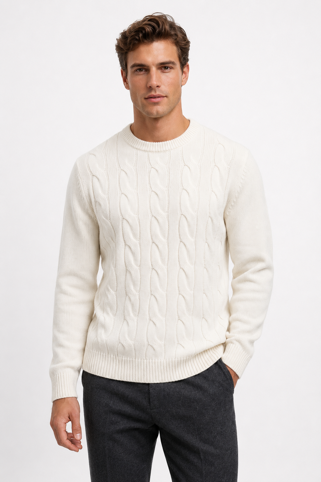 Pull homme blanc torsadé à col rond
