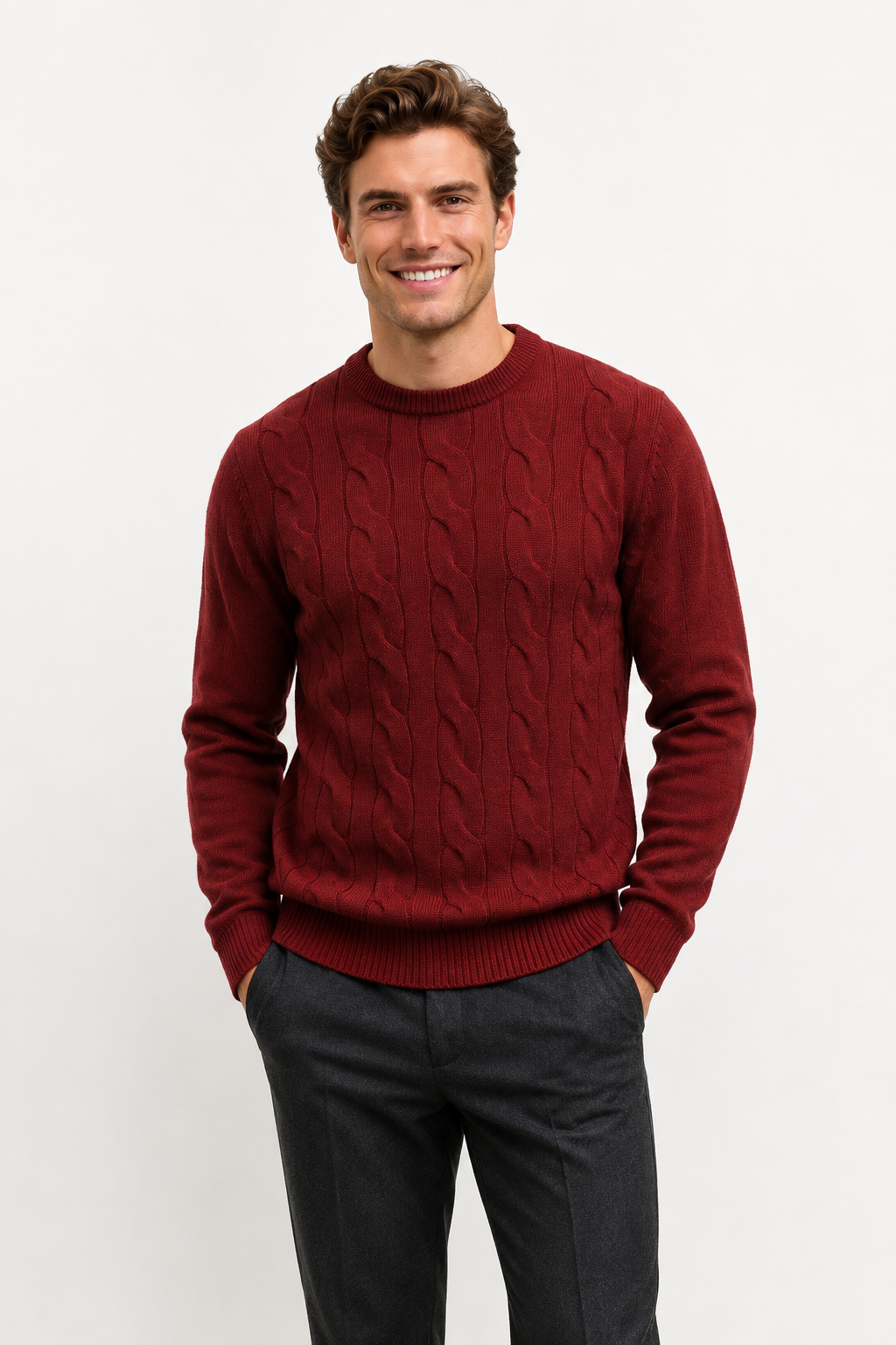 Pull homme bordeaux torsadé à col rond