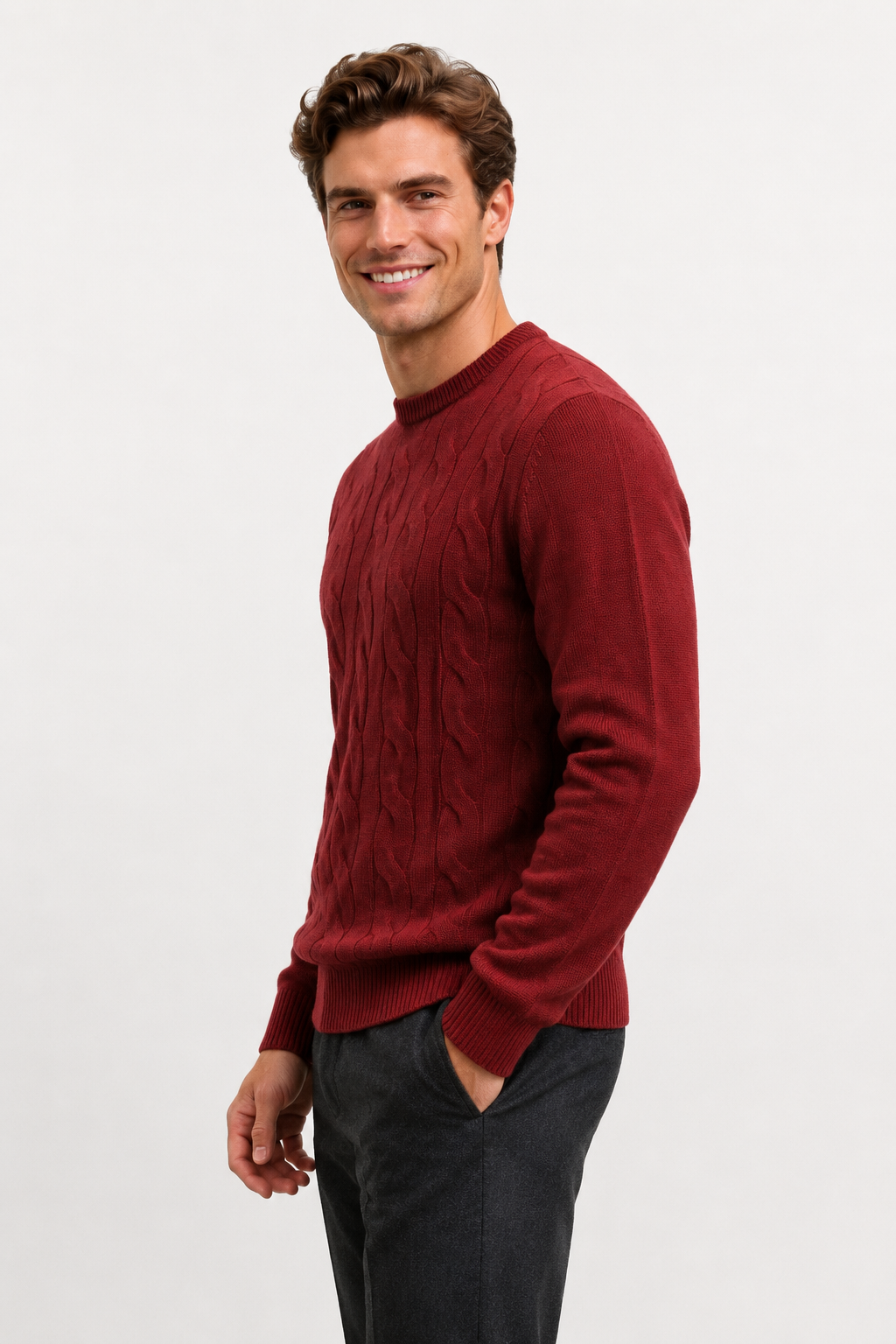 Pull homme bordeaux torsadé à col rond