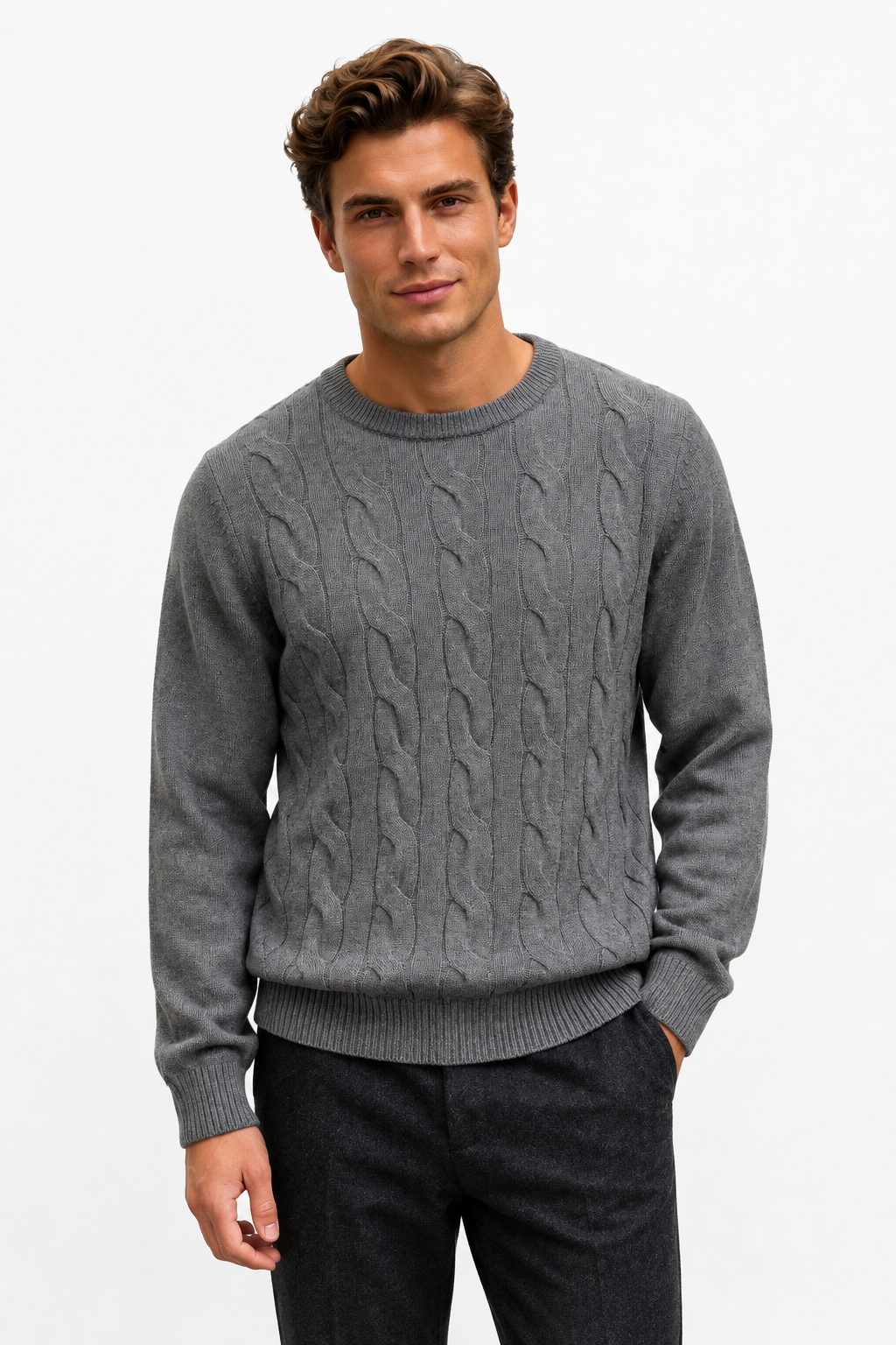 Pull homme gris torsadé à col rond