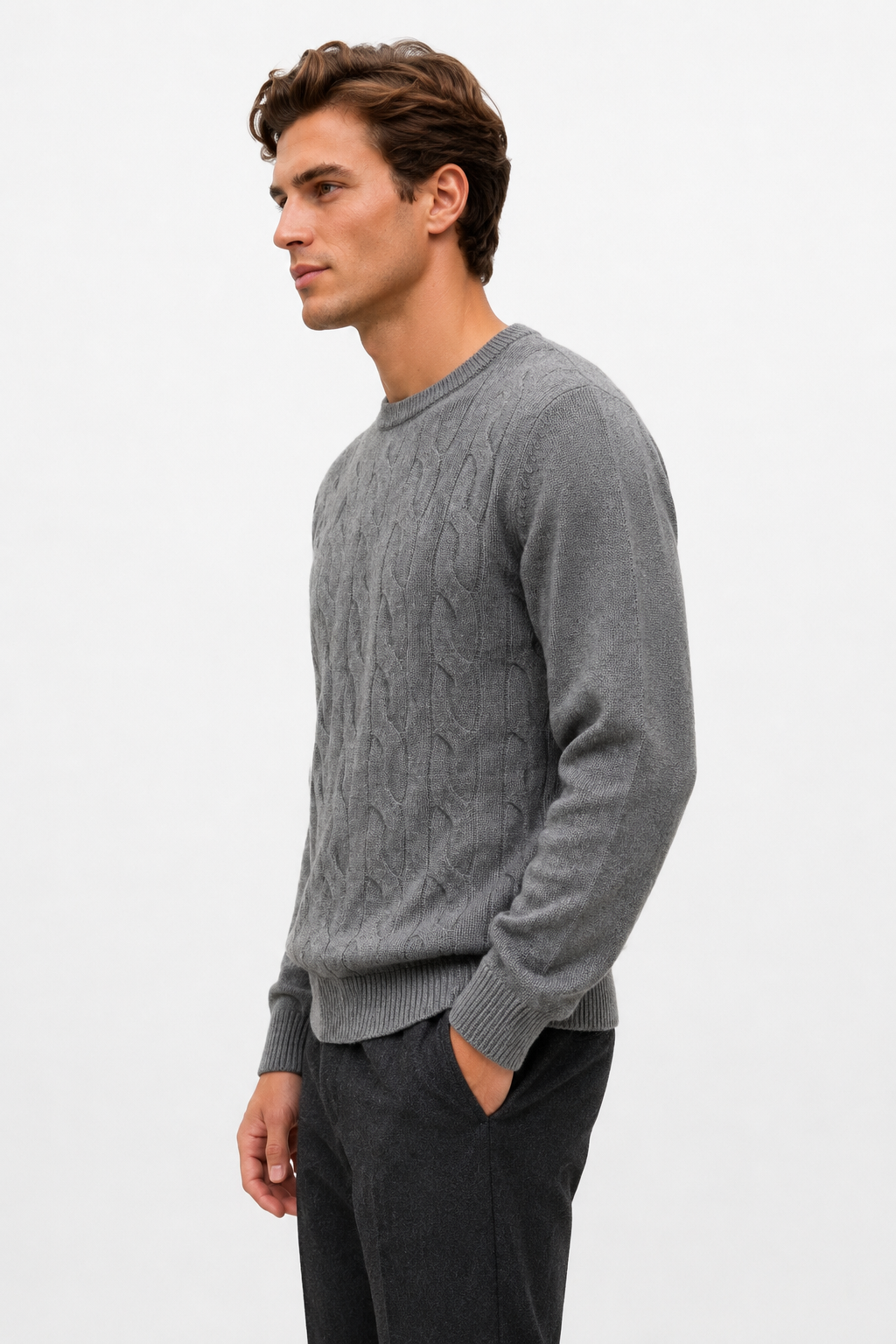 Pull homme gris torsadé à col rond
