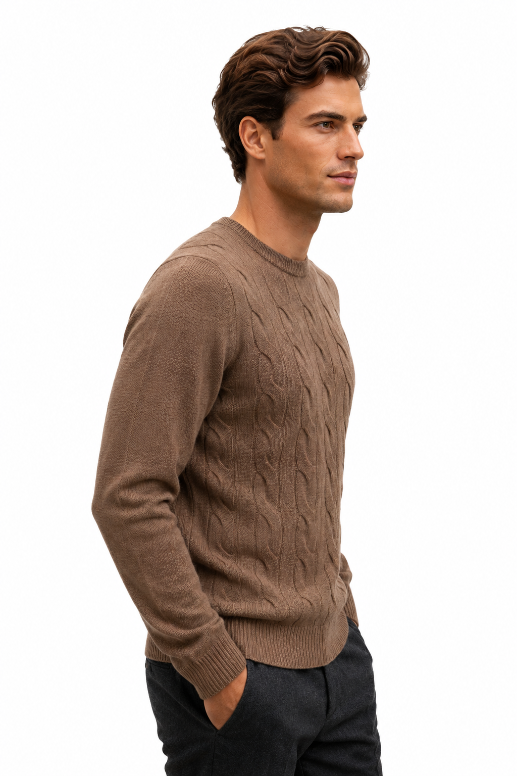 Pull homme marron torsadé à col rond