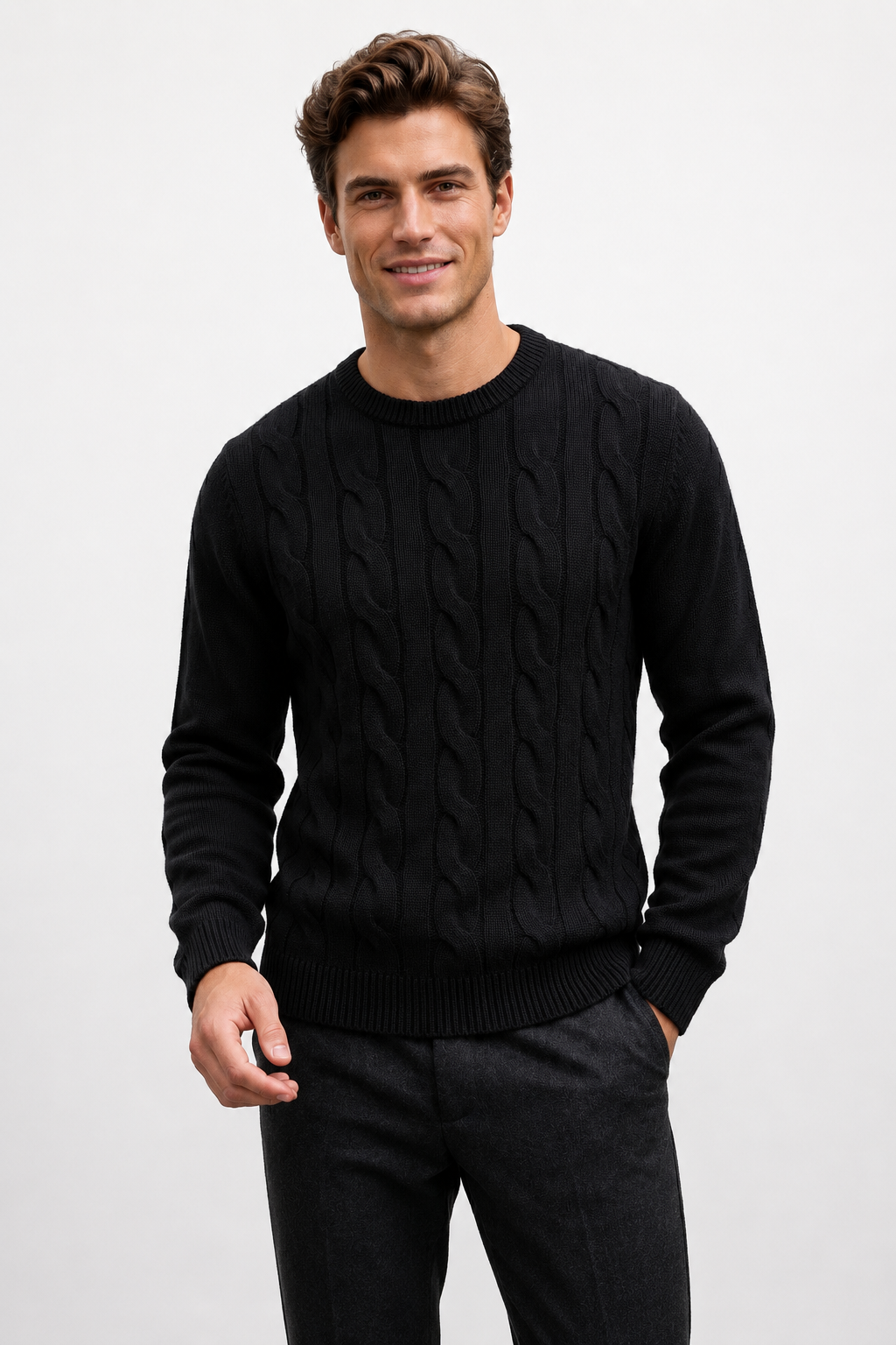 Pull homme noir torsadé à col rond