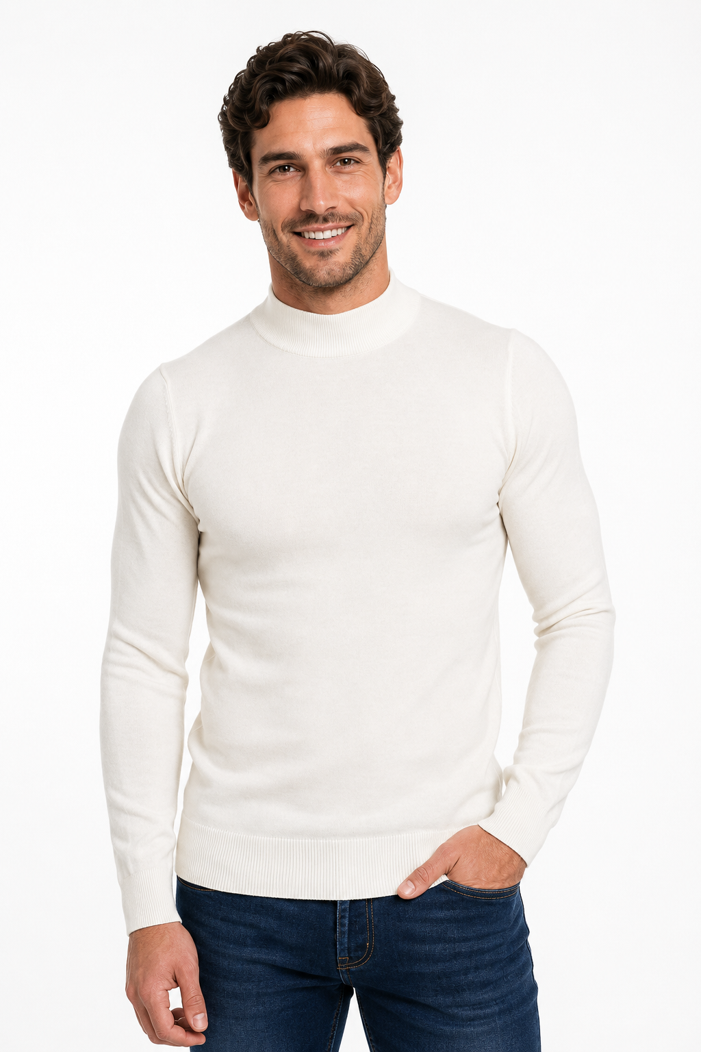 Pull homme blanc à col montant