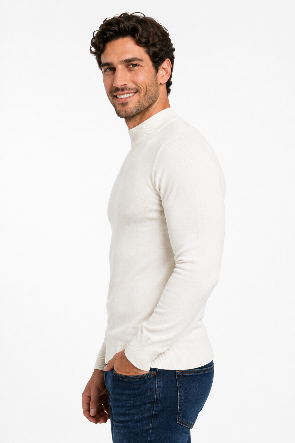 Pull homme blanc à col montant