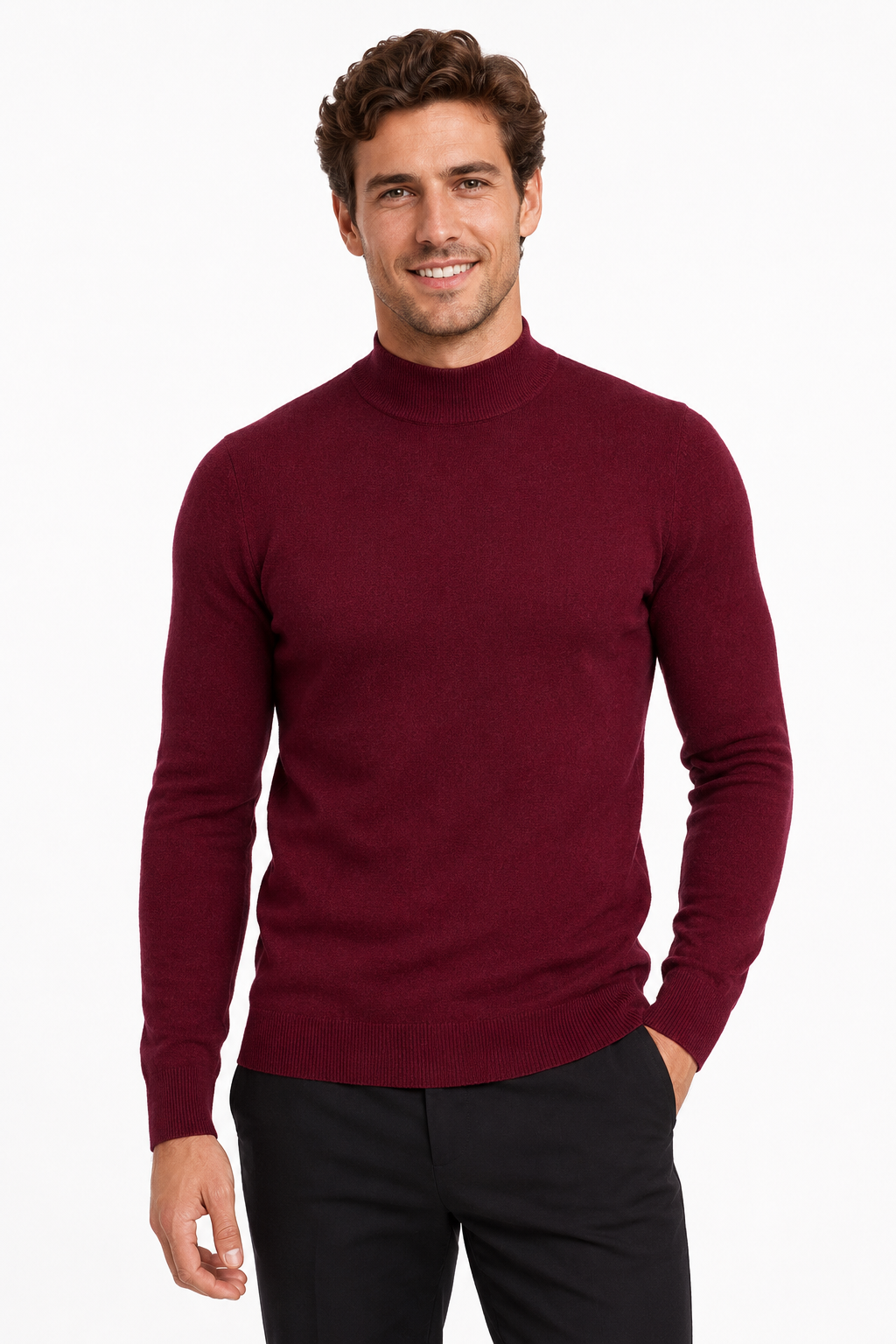 Pull homme bordeaux à col montant