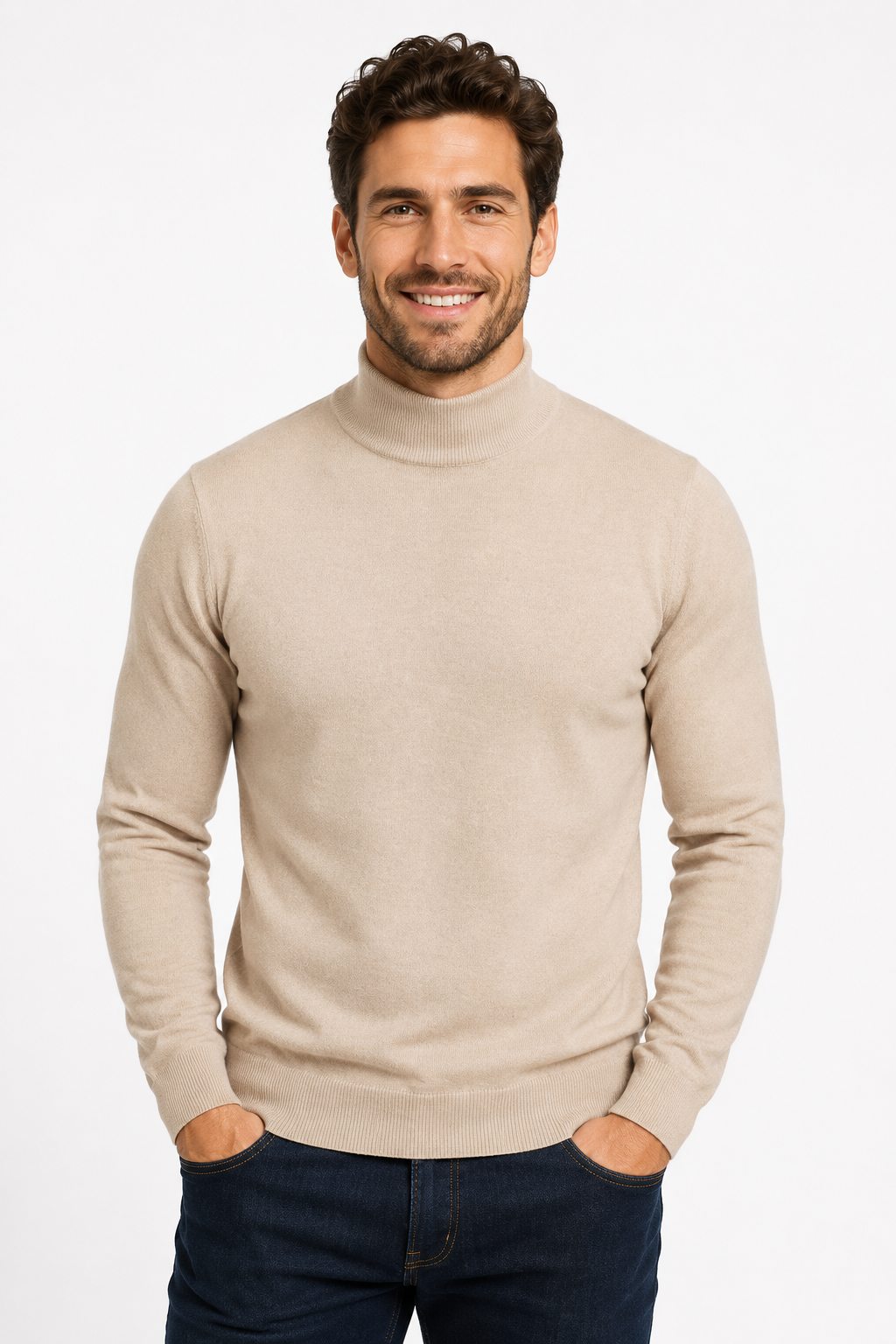 Pull homme beige à col montant