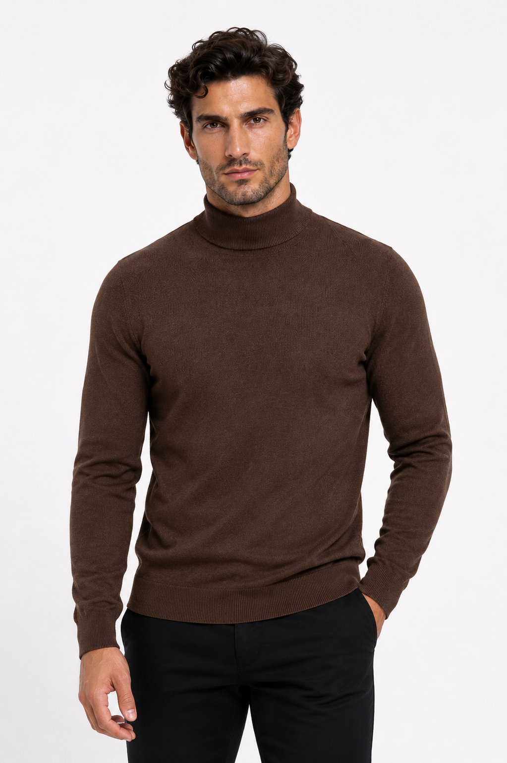 Pull homme marron à col montant