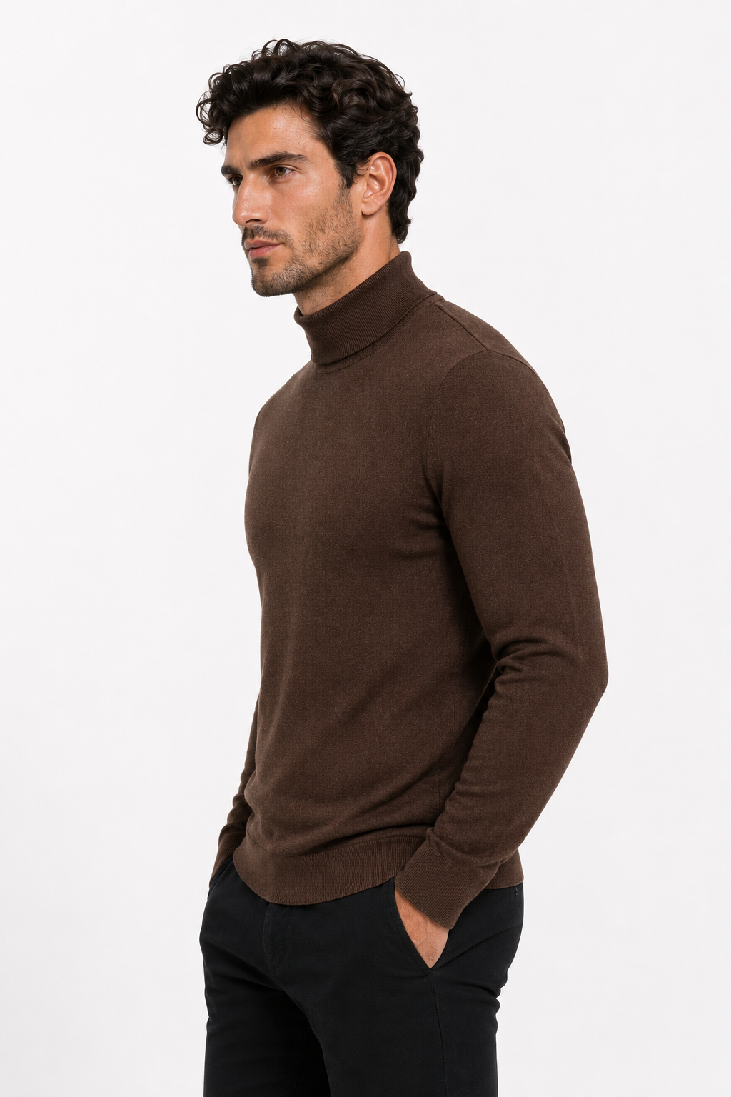 Pull homme marron à col montant