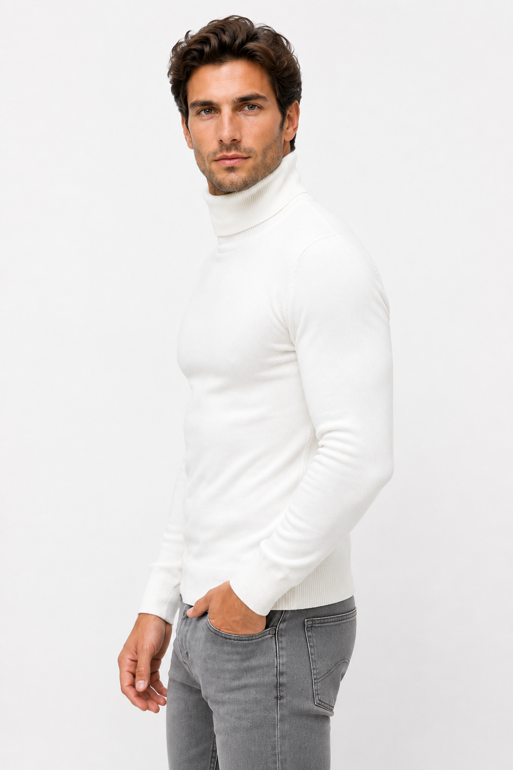 Pull homme blanc à col roulé