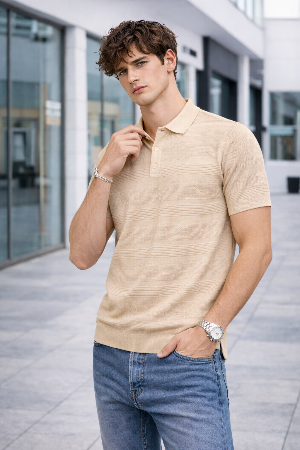 Polo homme maille texturée beige