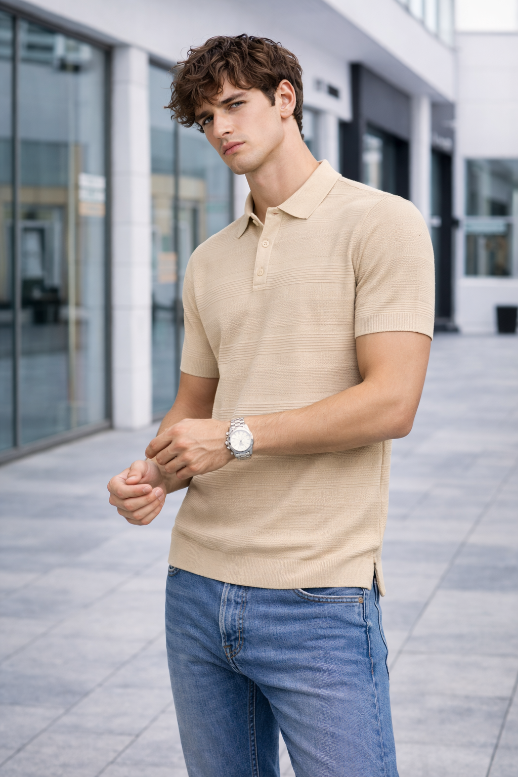 Polo homme maille texturée beige