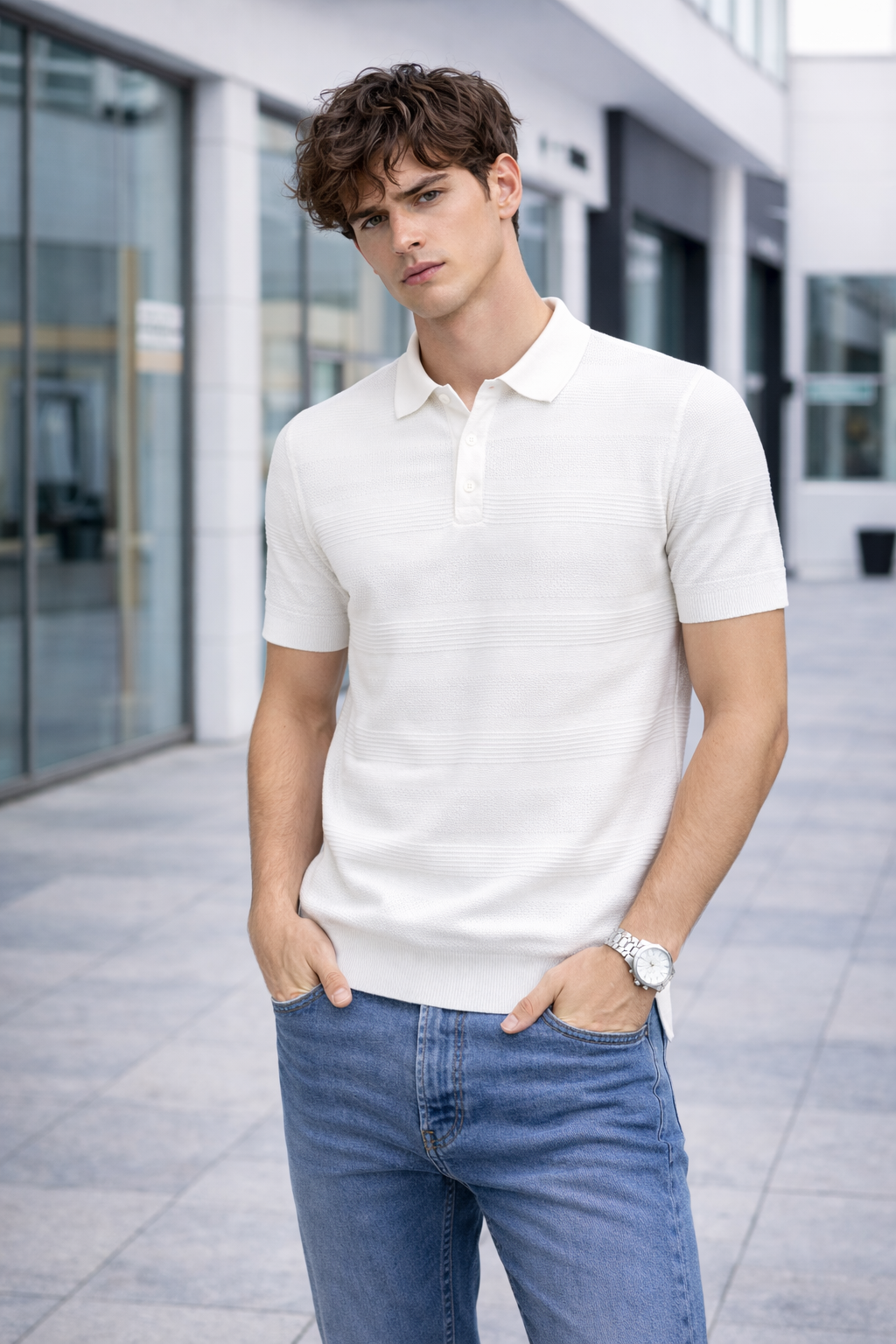 Polo homme maille texturée blanc