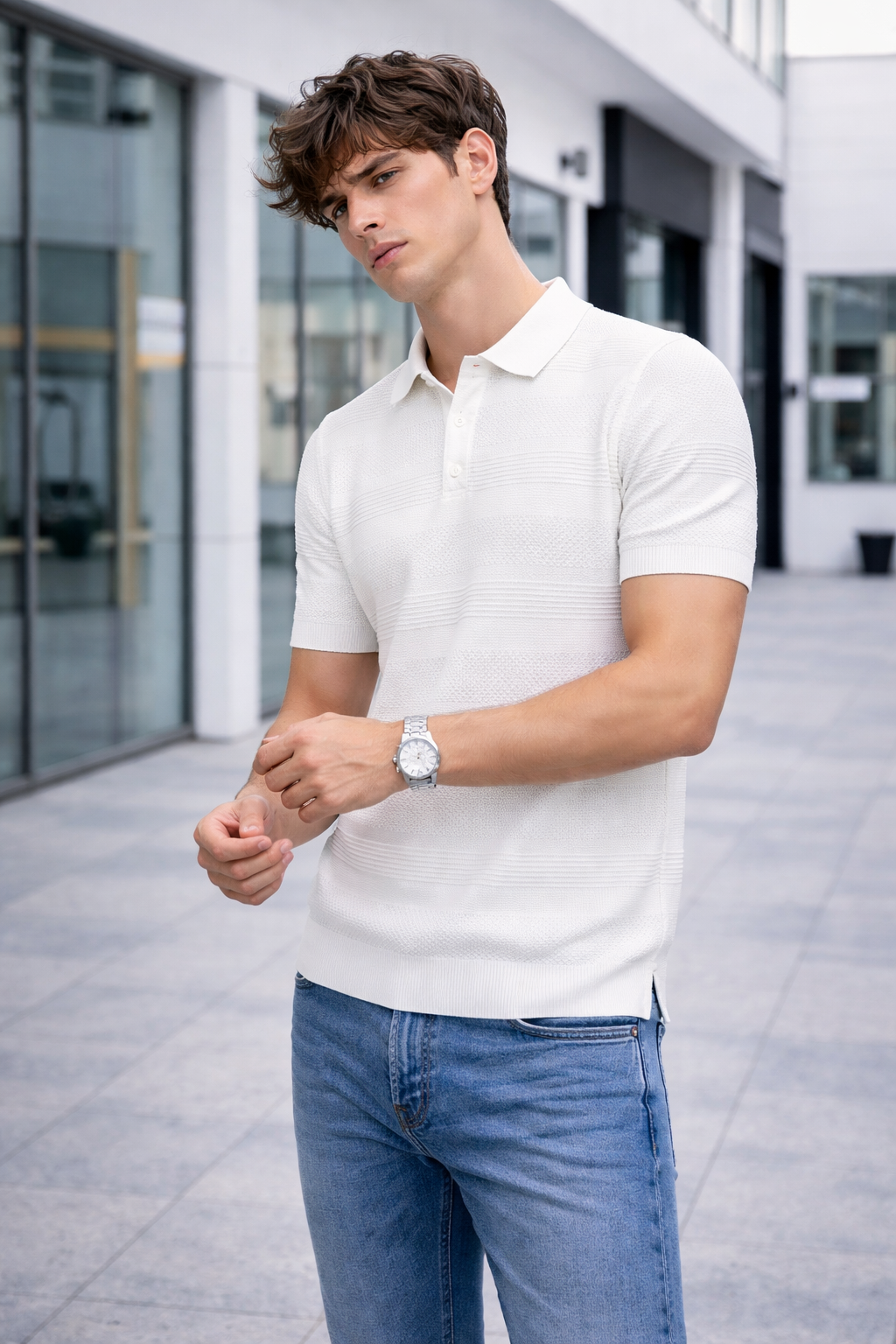 Polo homme maille texturée blanc