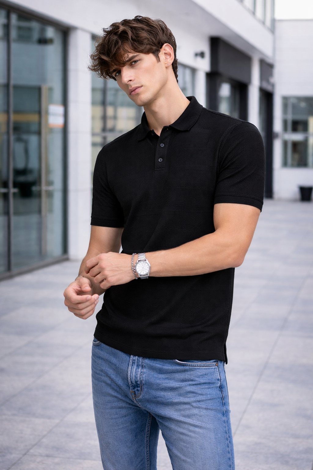 Polo homme maille texturée noir