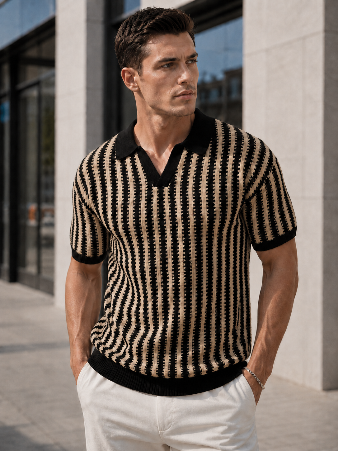 Polo ajouré homme camel maille rayée