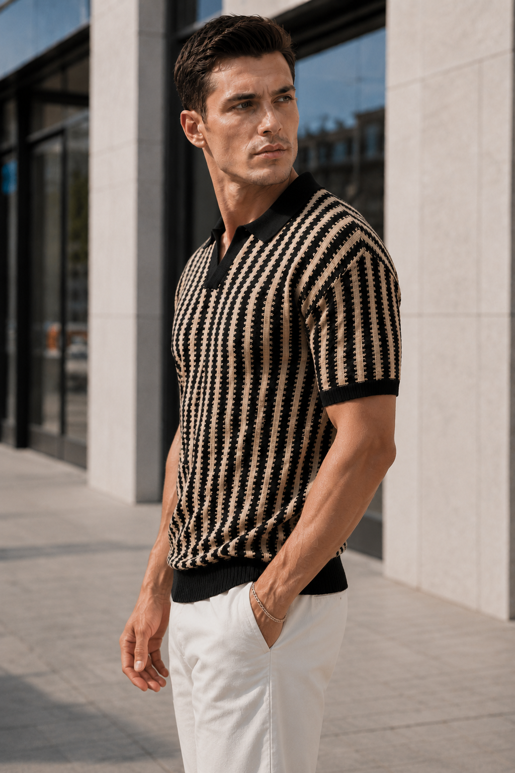 Polo ajouré homme camel maille rayée