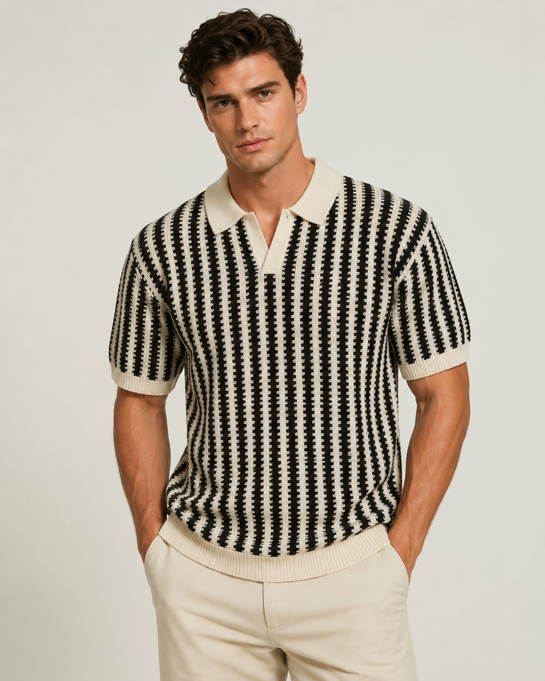 Polo ajouré homme écru maille rayée