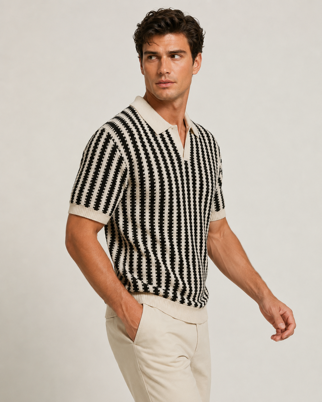 Polo ajouré homme écru maille rayée