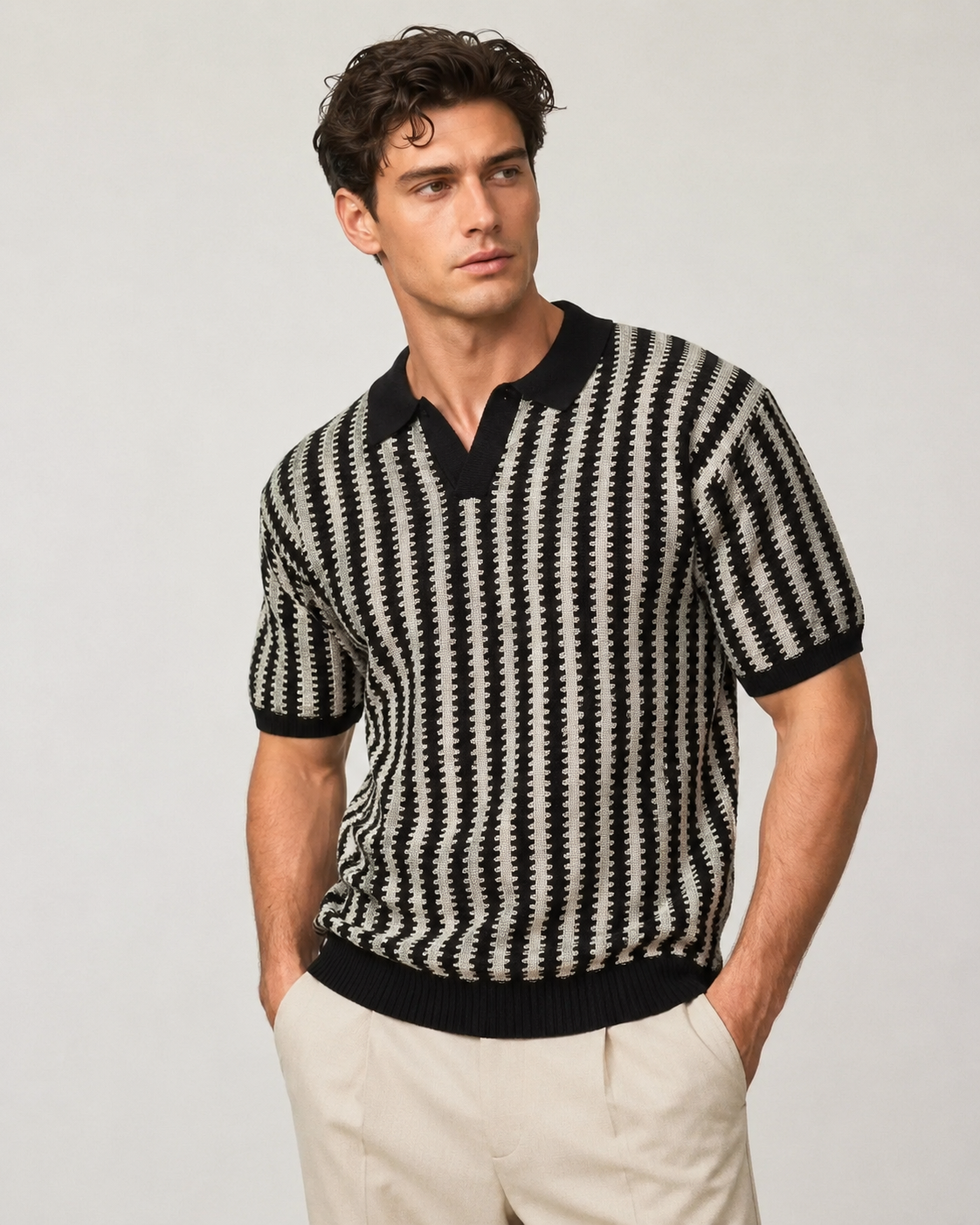 Polo ajouré homme noir maille rayée