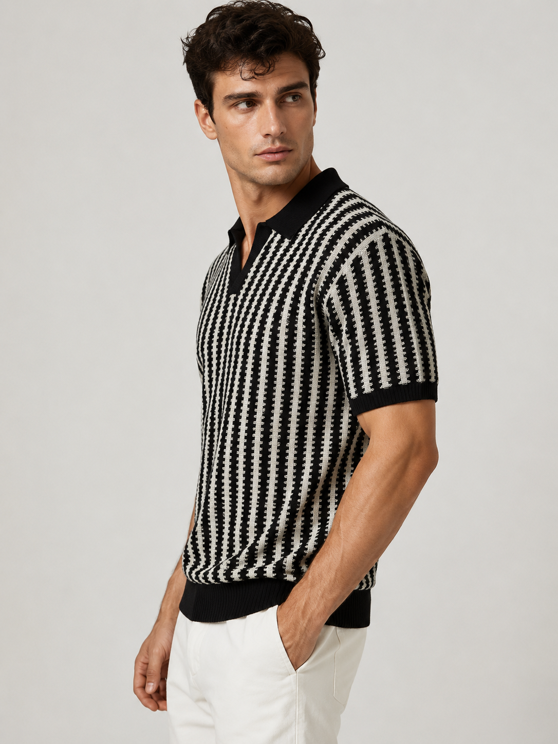 Polo ajouré homme noir maille rayée