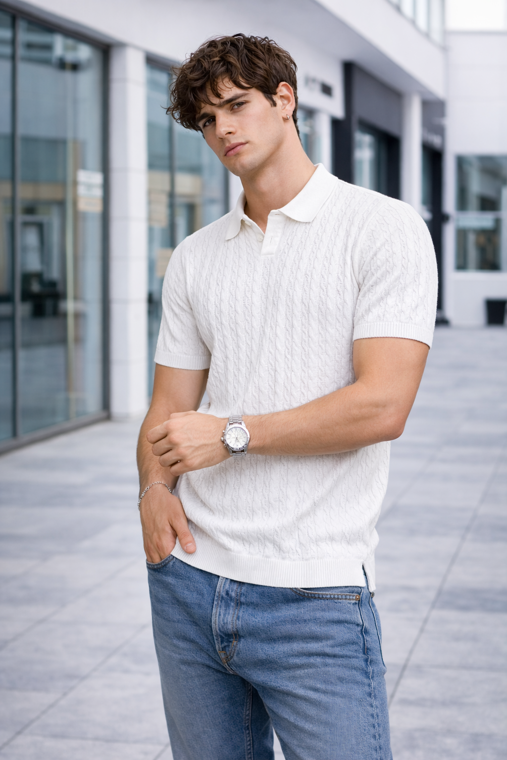 Polo homme maille torsadée blanc