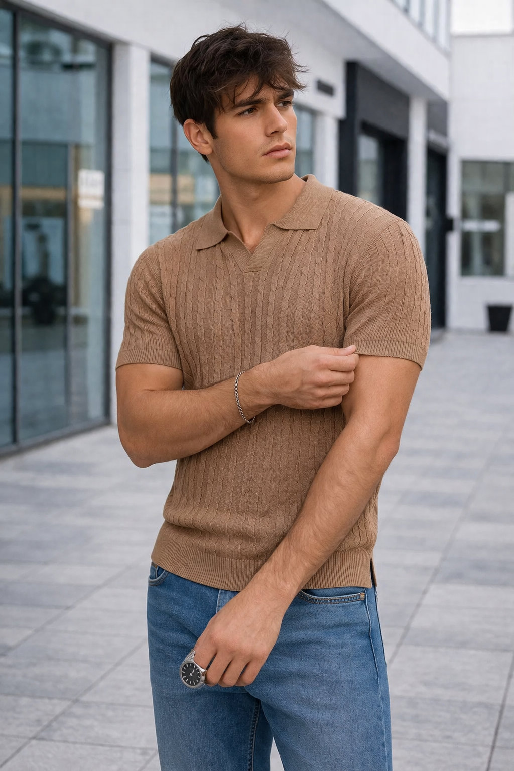 Polo homme maille torsadée marron
