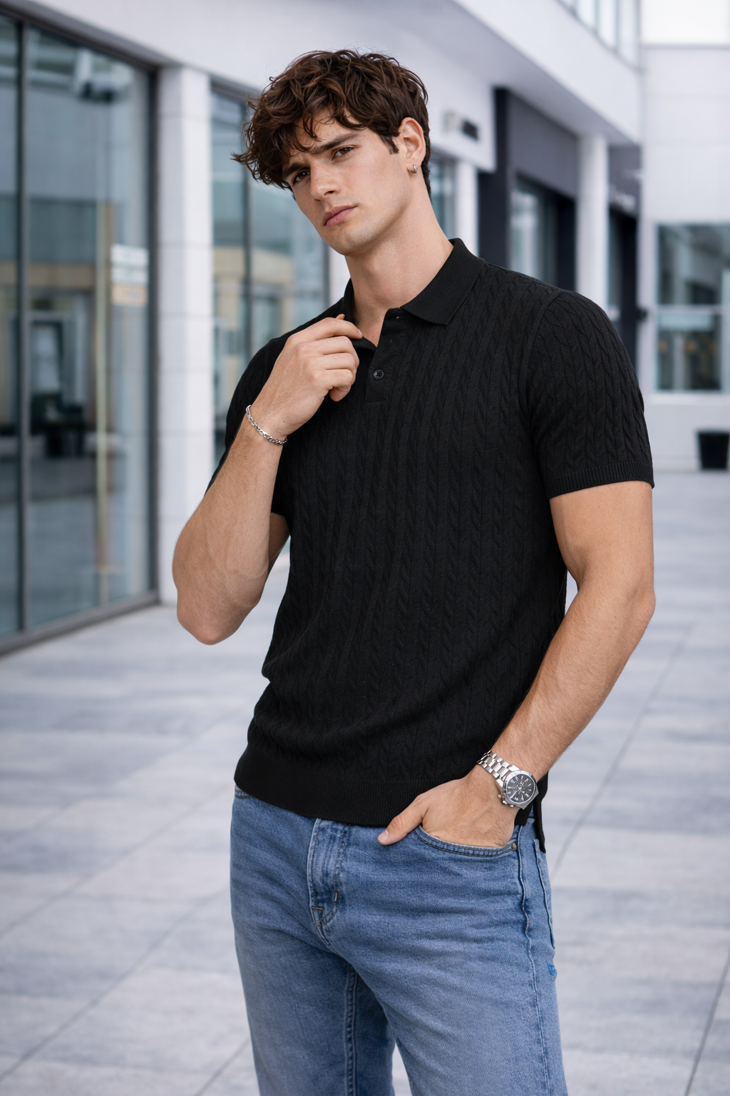 Polo homme maille torsadée noir