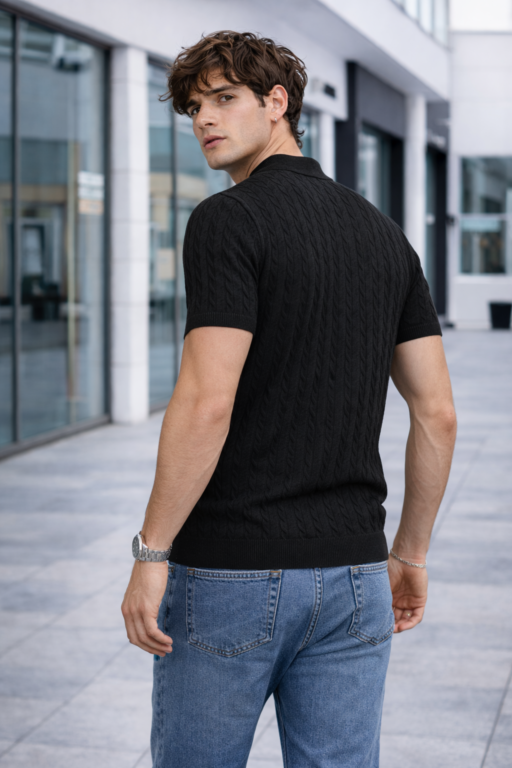Polo homme maille torsadée noir