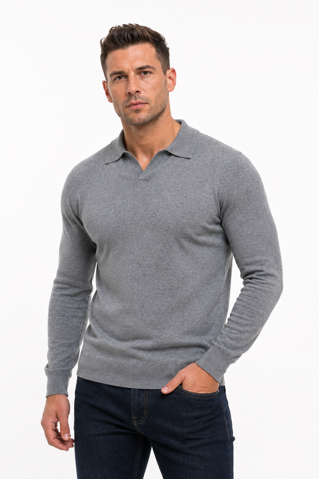 Pull polo homme gris manches longues