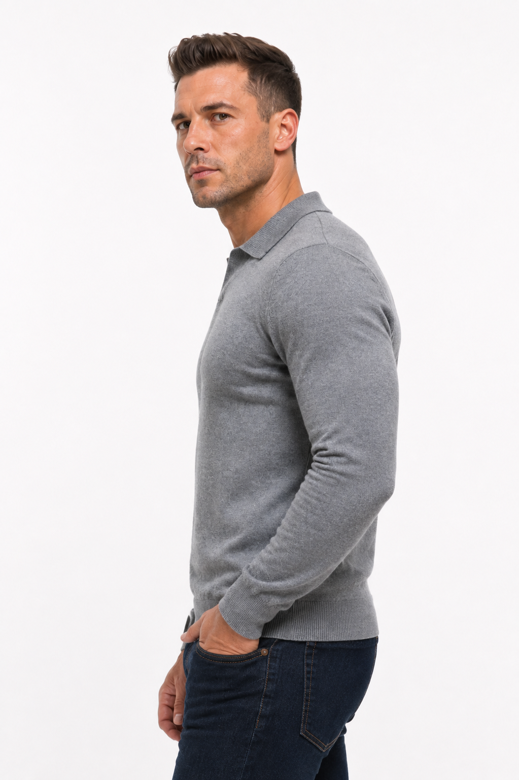 Pull polo homme gris manches longues