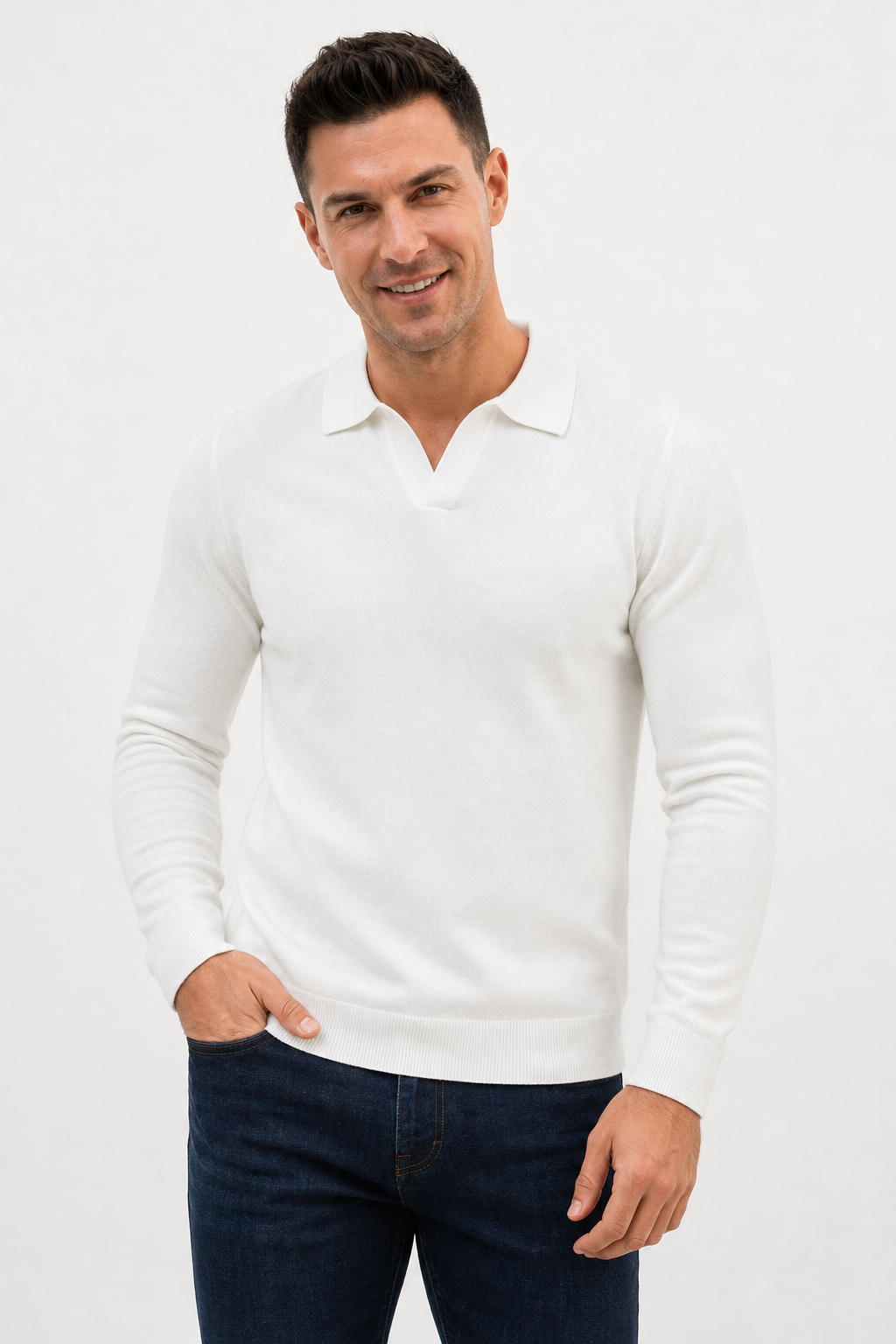 Pull polo homme blanc manches longues