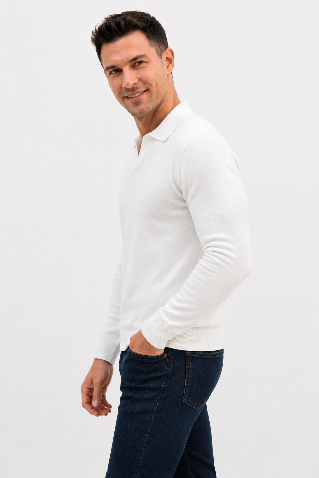 Pull polo homme blanc manches longues