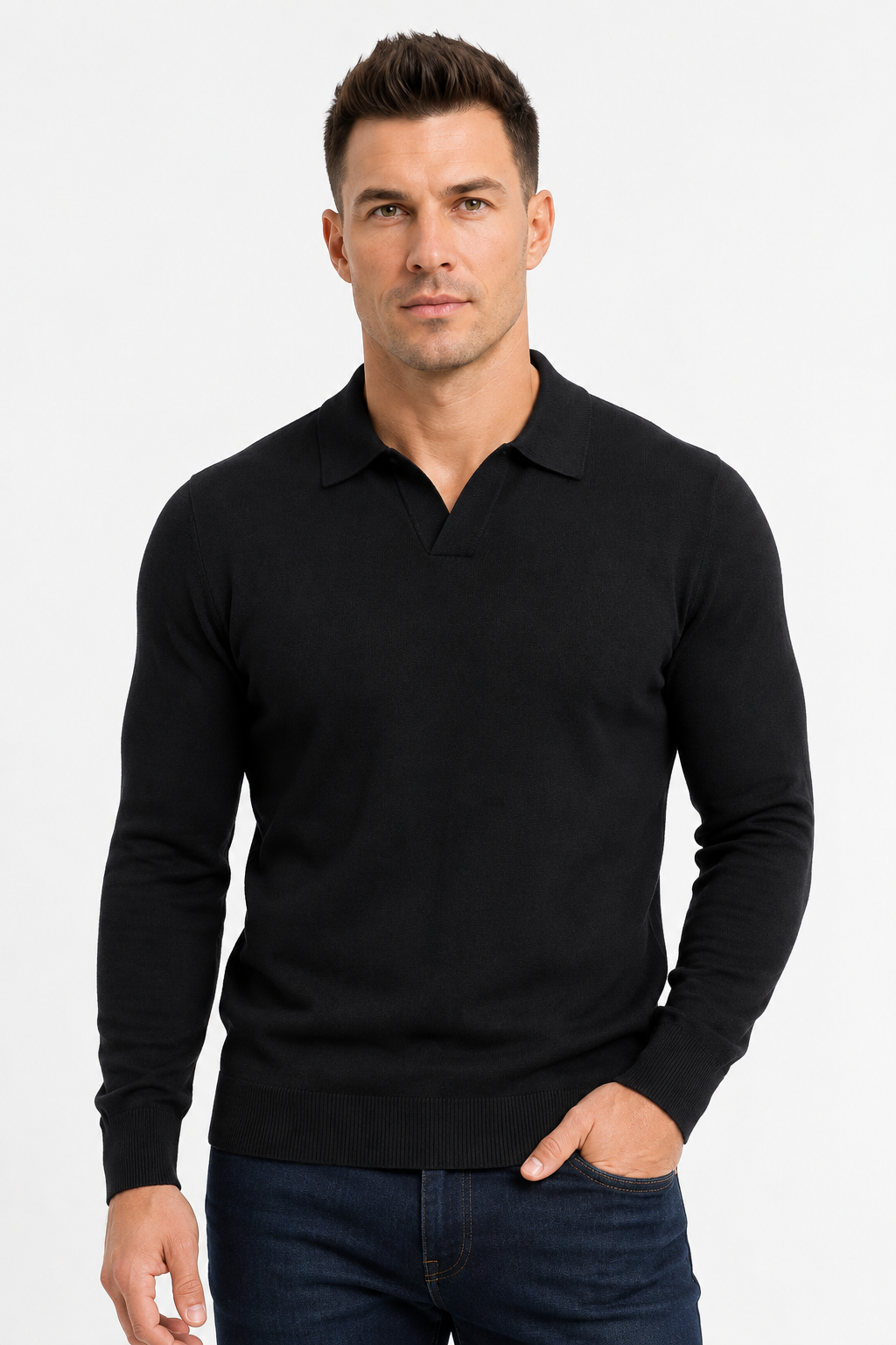 Pull polo homme noir manches longues