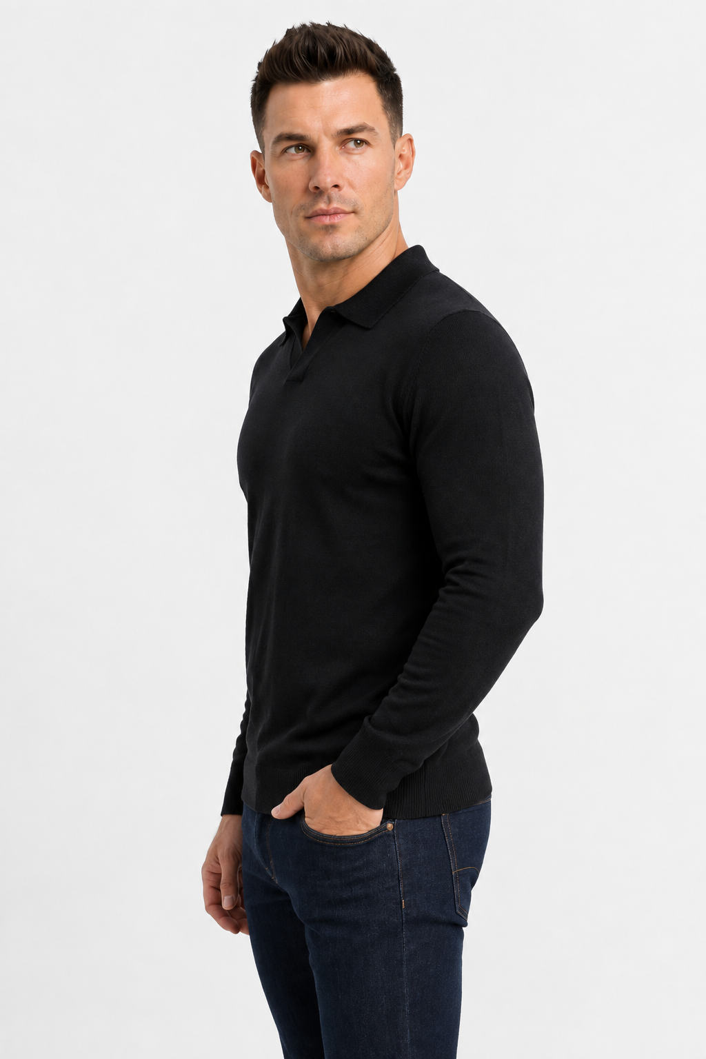 Pull polo homme noir manches longues