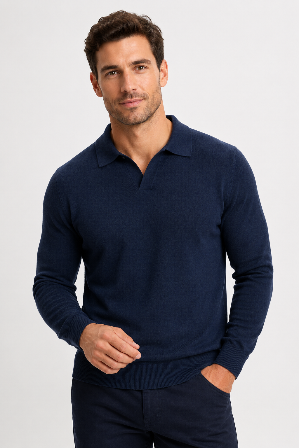 Pull polo homme marine manches longues