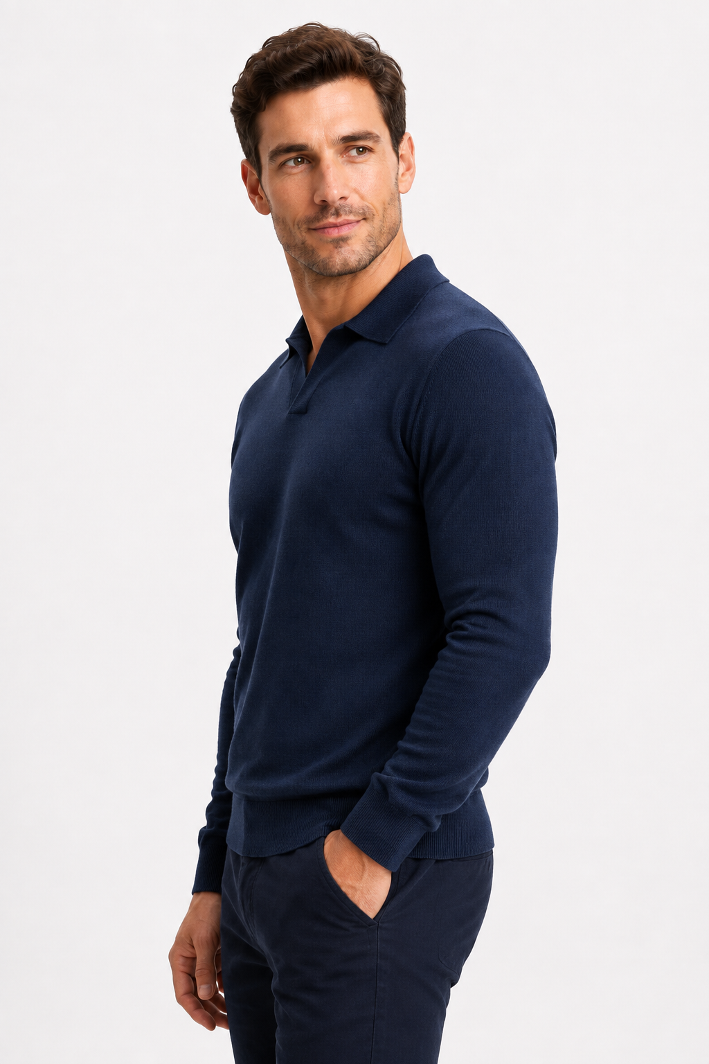 Pull polo homme marine manches longues