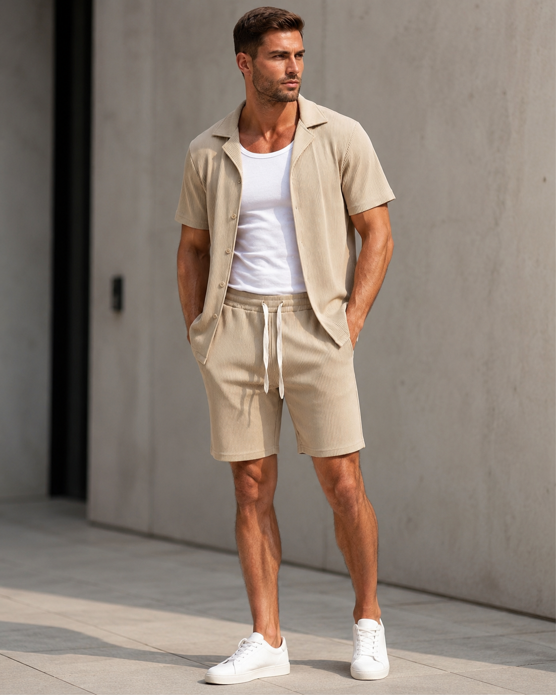 Ensemble chemise short homme beige