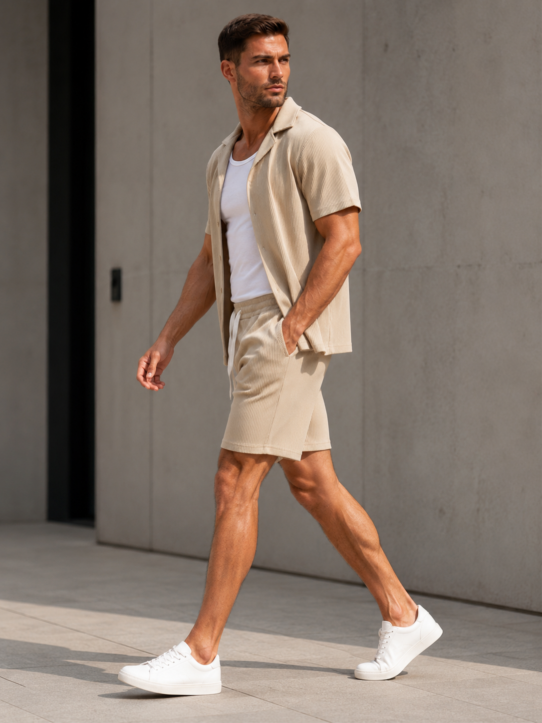 Ensemble chemise short homme beige