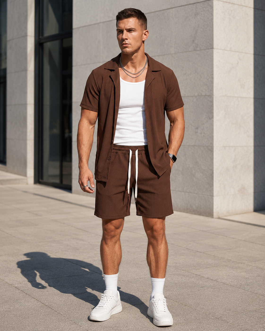 Ensemble chemise short homme marron