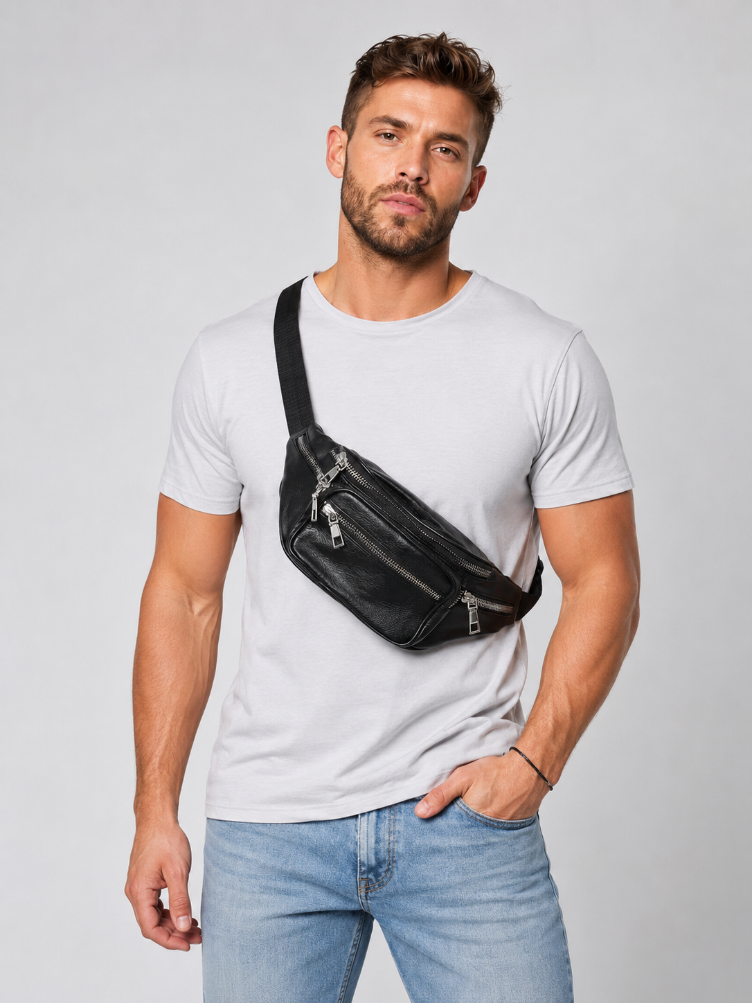 Sac banane homme noir effet cuir