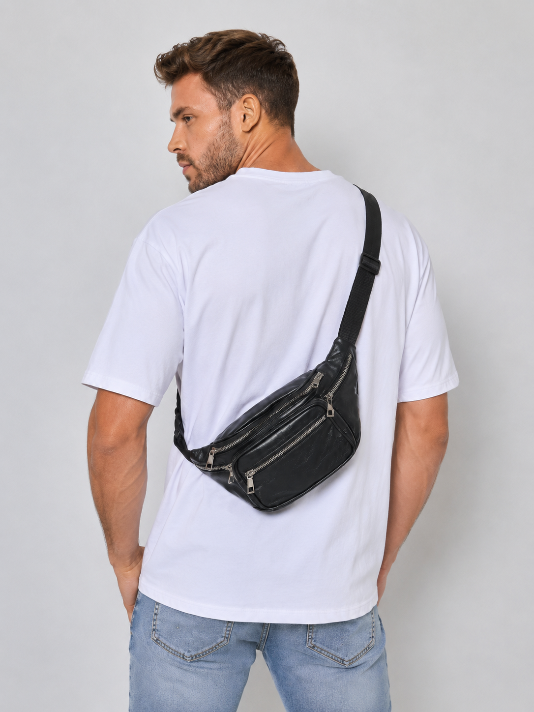 Sac banane homme noir effet cuir